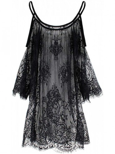Cover-Ups Women Summer Sexy Lace Cover Up Beach Off Shoulder Blouse Tops See-Through Dress - Black - CO18EGASE55 $31.95
