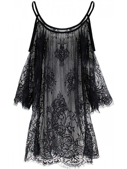 Cover-Ups Women Summer Sexy Lace Cover Up Beach Off Shoulder Blouse Tops See-Through Dress - Black - CO18EGASE55 $20.45