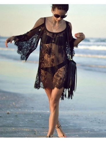 Cover-Ups Women Summer Sexy Lace Cover Up Beach Off Shoulder Blouse Tops See-Through Dress - Black - CO18EGASE55 $20.45