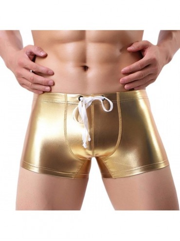 Briefs Sexy Men's Bright Leather Swimming Trunks Beachwear Underwear Surf Boardshorts - Gold - CU18EX2W09S $19.87