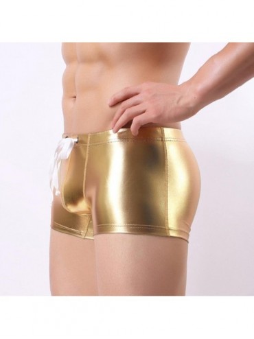 Briefs Sexy Men's Bright Leather Swimming Trunks Beachwear Underwear Surf Boardshorts - Gold - CU18EX2W09S $7.74