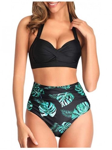 Sets Womens Vintage Bathing Suits Halter Wrap Top Bikini Ruched Floral Printing High Waisted Bottoms Two Piece Swimsuits - Gr...