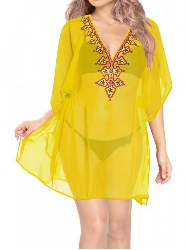 Cover-Ups Women's Mini Kimono Bikini Swimwear Cover Ups Dress Tops Embroidered - Autumn Yellow_v361 - C912BXNHWEB $33.92