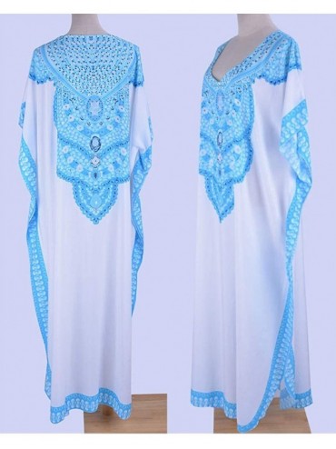 Cover-Ups Women Summer Boho Beach Long Maxi Dress V Neck Long Kaftan Bikini Cover Up Dress Plus Size - Blue B - CO18UTDRX0A $...