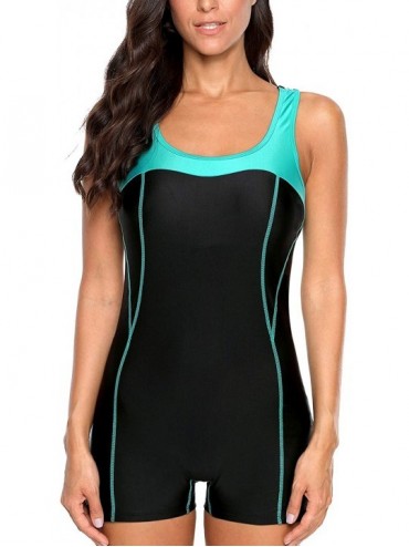 One-Pieces Womens Boyleg One Piece Swimsuit Athletic Swimwear Lap Bathing Suit - Aqua/Black - C318R5WSW0S $21.70