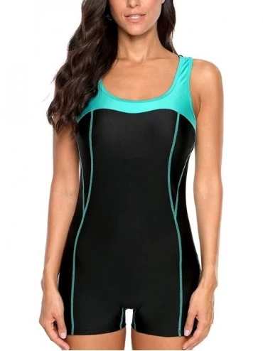 One-Pieces Womens Boyleg One Piece Swimsuit Athletic Swimwear Lap Bathing Suit - Aqua/Black - C318R5WSW0S $45.81