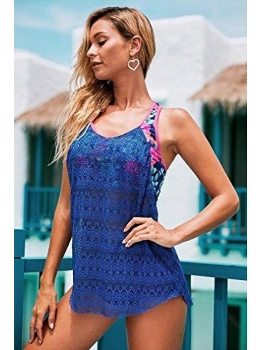 Tankinis Women Swimwear Tankini Celebrity Blue Printed Patchwork Vest Tankini Top - Multi Color - CI195NCI5OA $23.99