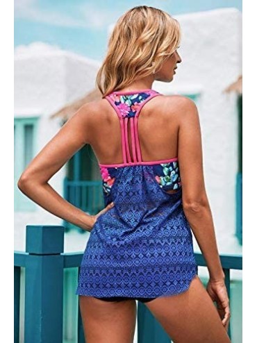Tankinis Women Swimwear Tankini Celebrity Blue Printed Patchwork Vest Tankini Top - Multi Color - CI195NCI5OA $23.99