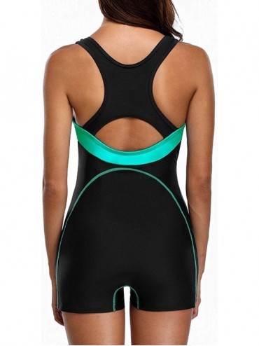 One-Pieces Womens Boyleg One Piece Swimsuit Athletic Swimwear Lap Bathing Suit - Aqua/Black - C318R5WSW0S $21.70