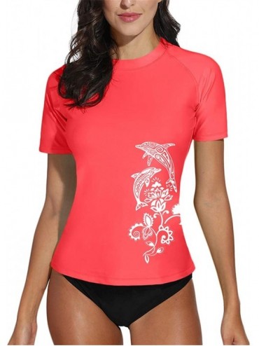 Rash Guards Women's Short Sleeve Splice Rash Guard Color Block UPF 50+ Swimming Shirt Surf Top Swimwear - Solid Coral - CA18R...