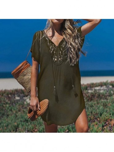 Cover-Ups Women's Lace Stitching Hollow Out V-Neck Beach Short Dress Swim Cover-up - Army Green - CW18R5R02YD $13.85