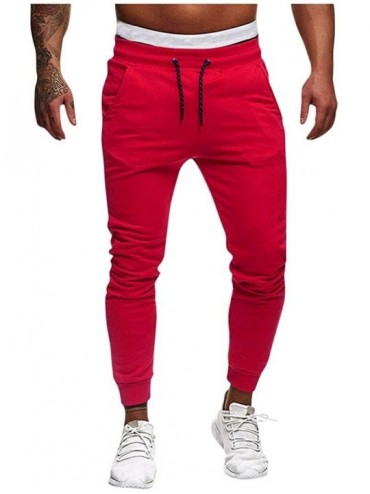 Trunks Sports Pants for Men with Pocket- Slim Fit Straight Ripped Bodybuilding Flexible Waist Long Pants Trousers - Red - C31...