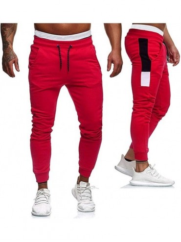 Trunks Sports Pants for Men with Pocket- Slim Fit Straight Ripped Bodybuilding Flexible Waist Long Pants Trousers - Red - C31...