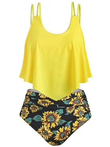 Sets Women's Plus Size Ruffled high Waist Sunflower Print Bikini Swimsuit Women Two Pieces Bathing Top Ruffled with Yellow - ...