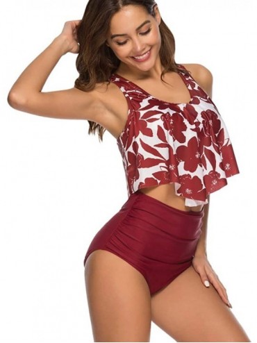 Sets Tankini Swimsuit for Women with High Waisted Bottoms- Ruffled Racerback Floral Print 2 Piece Bikini Bathing Suits - Red ...