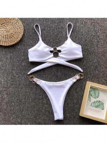 Sets Women's Printed Bikini Set- Two-Piece Swimsuit-Leopard Swimwear-Thong Bikini-Strappy Bikini-O Ring Bikini - White - C618...