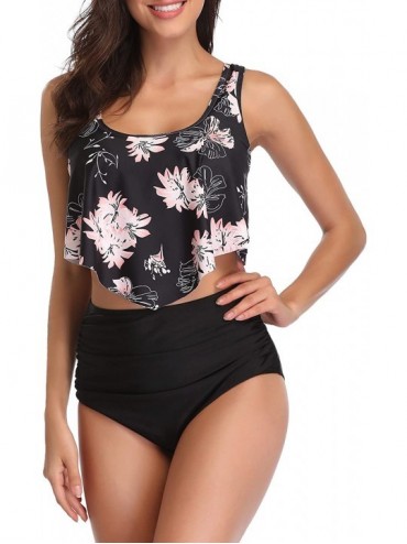 Sets Women's Swimsuits High Waisted Bikini Swimsuit Two Pieces Bathing Suits - Black/Flower - C018T3I00WZ $25.47