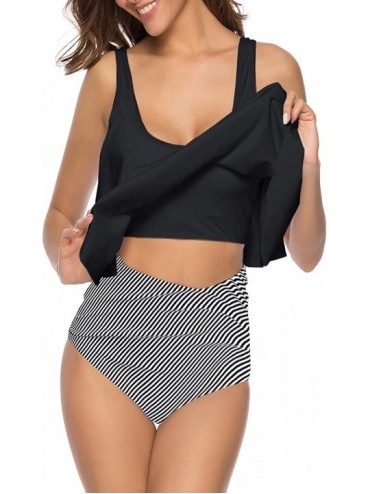 Sets Women High Waisted Swimsuit Two Piece Ruffled Flounce Top with Ruched Bottom - 01black - C418S77KRXG $26.51