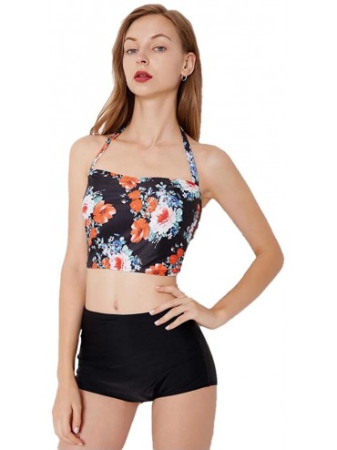 Tankinis Women's Two Piece Tankinis Set Rash Guard Yoga Top Swimsuit Sun Protection - Black White Floral - CI18GNEUE54 $10.27