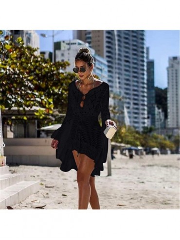 Cover-Ups Beach Dresses Women Summer Sexy Long Sleeve V Neck Boho Floral Lace Cover Up Loose See Through Mini Sundress D Blac...