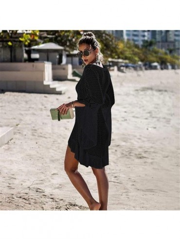 Cover-Ups Beach Dresses Women Summer Sexy Long Sleeve V Neck Boho Floral Lace Cover Up Loose See Through Mini Sundress D Blac...