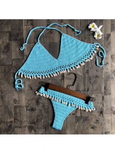 Sets Women Handmade Low Waist Strappy Shell Thong Bikini Set - Sky Blue - CQ18W0TX52X $15.35