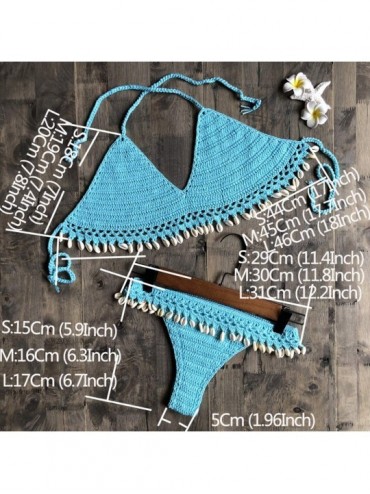 Sets Women Handmade Low Waist Strappy Shell Thong Bikini Set - Sky Blue - CQ18W0TX52X $15.35
