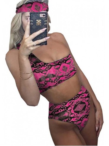 Sets Women's Snake Print One-Shoulder Bikini Split Swimsuit Beachwear Set and Headband - Rose - CC18SISHRLL $35.09