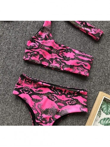 Sets Women's Snake Print One-Shoulder Bikini Split Swimsuit Beachwear Set and Headband - Rose - CC18SISHRLL $17.10