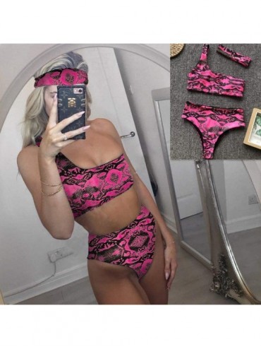 Sets Women's Snake Print One-Shoulder Bikini Split Swimsuit Beachwear Set and Headband - Rose - CC18SISHRLL $17.10