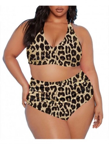 Sets Women's 2 Piece Plus Size High Waisted Halter Bikini Swimsuit Bathing Suit - Leopard Printed - CW19DLLTD6O $51.26