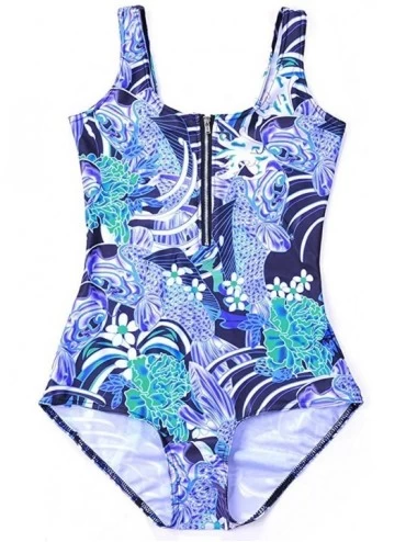 One-Pieces Women's Zipper Printed One Piece Backless Jumpsuit Monokini Swimwear - Blue Rose - CD18DCZWULS $27.36