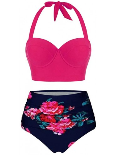 Sets 2 Piece Push-Up Halter Swimsuits for Women - Hot Pink - CG196ENESAX $18.89