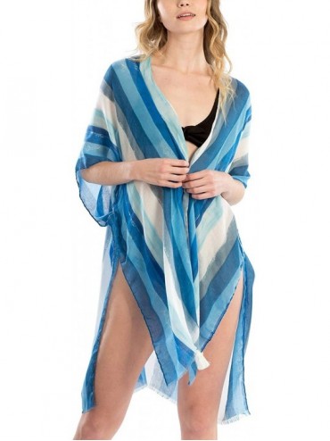 Cover-Ups Women's Striped Kimono Cardigan - Chiffon Swimwear Cover up Bikini Beach Wear Swimsuit - Blue - C518ONTU0IQ $13.11