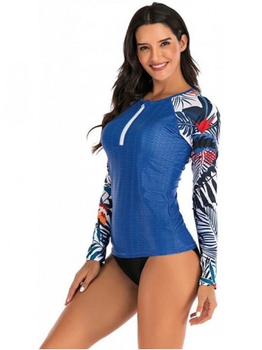 Sets Women Swimwear Long Sleeve UV Protection Swim Shirt Swimsuit Color Block Print Two Piece Bathing Suit Wetsuit Blue - CH1...