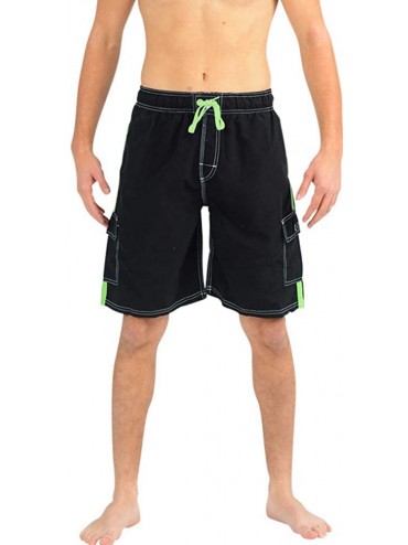 Trunks Mens Swim Trunks - Watershort Swimsuit - Cargo Pockets - Drawstring Waist - Black/Lime - C71869MX6US $24.43