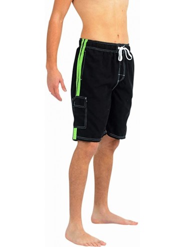 Trunks Mens Swim Trunks - Watershort Swimsuit - Cargo Pockets - Drawstring Waist - Black/Lime - C71869MX6US $10.89