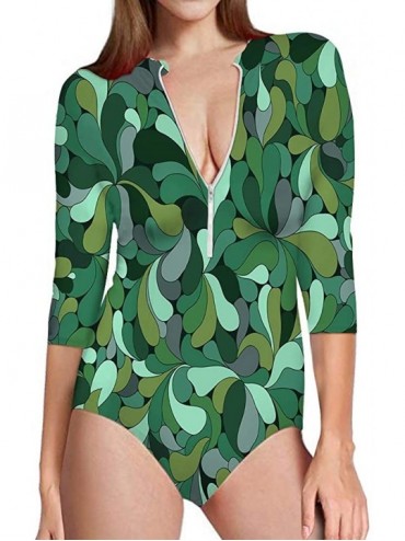 Rash Guards Green Floral Women's One Piece Swimsuits Long Sleeve UV Protection Surfing Rash Guard Zip Bathing Suit Swimwear -...