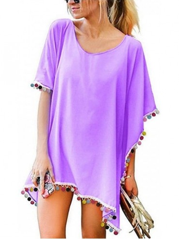 Cover-Ups Women Casual O-Neck Half Sleeve Solid Loose Beach Cover-up Swimwear Cover-Ups - Purple - C019722DGN4 $73.92