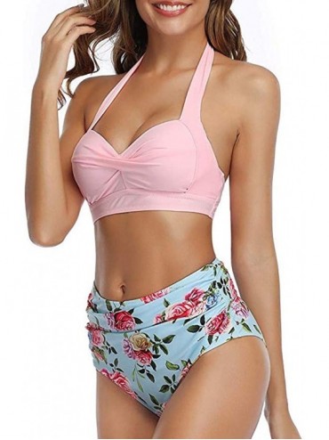 Tankinis Swimsuits for Women- Women Vintage Swimsuit Two Piece Retro Halter Ruched High Waist Bikini Set - Zz-pink Floral - C...