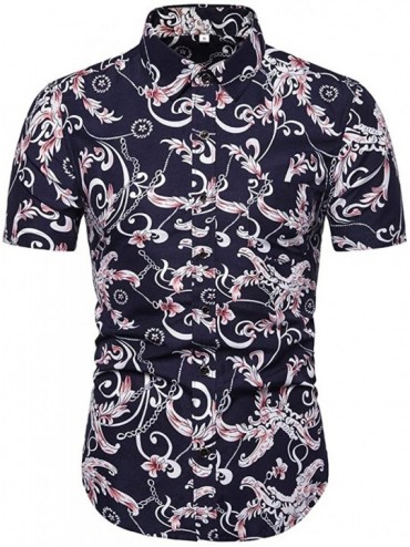 Racing Men's Fashion Print Casual Slim Fit Button Down Short Sleeve Shirt Top - Pink - CP194TNOM5O $29.26