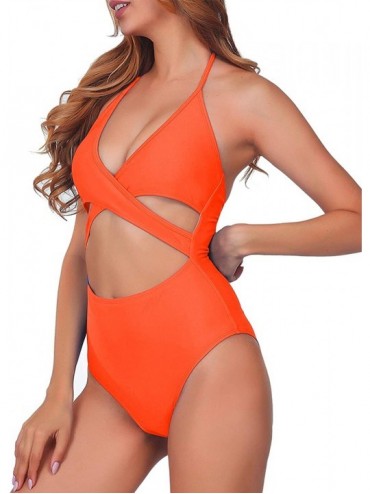 One-Pieces Women One Piece Sexy Bikini Front Criss Cross Halter Strappy Backless Swimsuit Monokini Bathing Suits - Coral Red ...