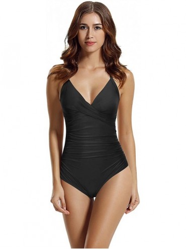 One-Pieces Women's Cross Front Tummy Control One Piece Swimsuit Bathing Suit - Black - CA1925ZRAHS $36.21