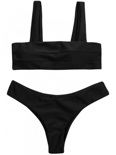 Sets Women Bikini Wide Straps Padded Bandeau Monokini Set Neck Pullover Swimsuit Sexy Boho Printed Beachwear - Black - C7189K...