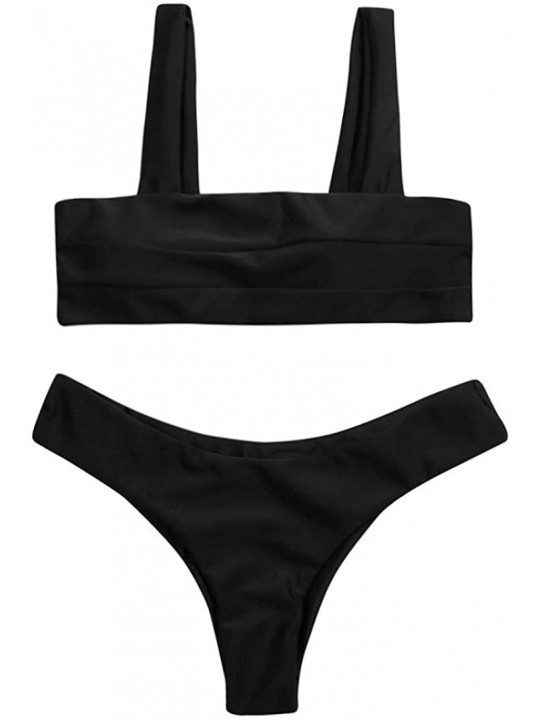 Sets Women Bikini Wide Straps Padded Bandeau Monokini Set Neck Pullover Swimsuit Sexy Boho Printed Beachwear - Black - C7189K...