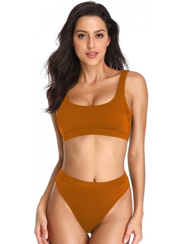 Sets Two Pieces Bikini Sets Swimsuit Sports Style Low Scoop Crop Top High Waisted High Cut Cheeky Bottom - Dark Orange - C318...