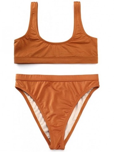 Sets Two Pieces Bikini Sets Swimsuit Sports Style Low Scoop Crop Top High Waisted High Cut Cheeky Bottom - Dark Orange - C318...