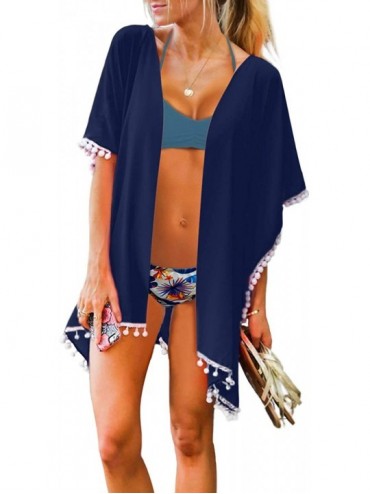 Cover-Ups Womens Chiffon Tassel Bikini Swimsuit Cover Ups for Swimwear - Blue - CZ194MZWUII $30.76