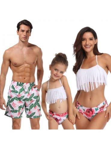 Sets Family Matching Swimwear Palm Leaves Printed Ruffle Tassel Bikini Tankini Set Mommy and Daughter Swimsuit Green - CB18R8...