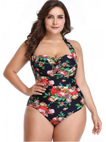 One-Pieces Women's Swimsuits Plus Size Underwire Tummy Control Sexy Backless Swimwear Floral One Piece Bathing Suit Black Flo...